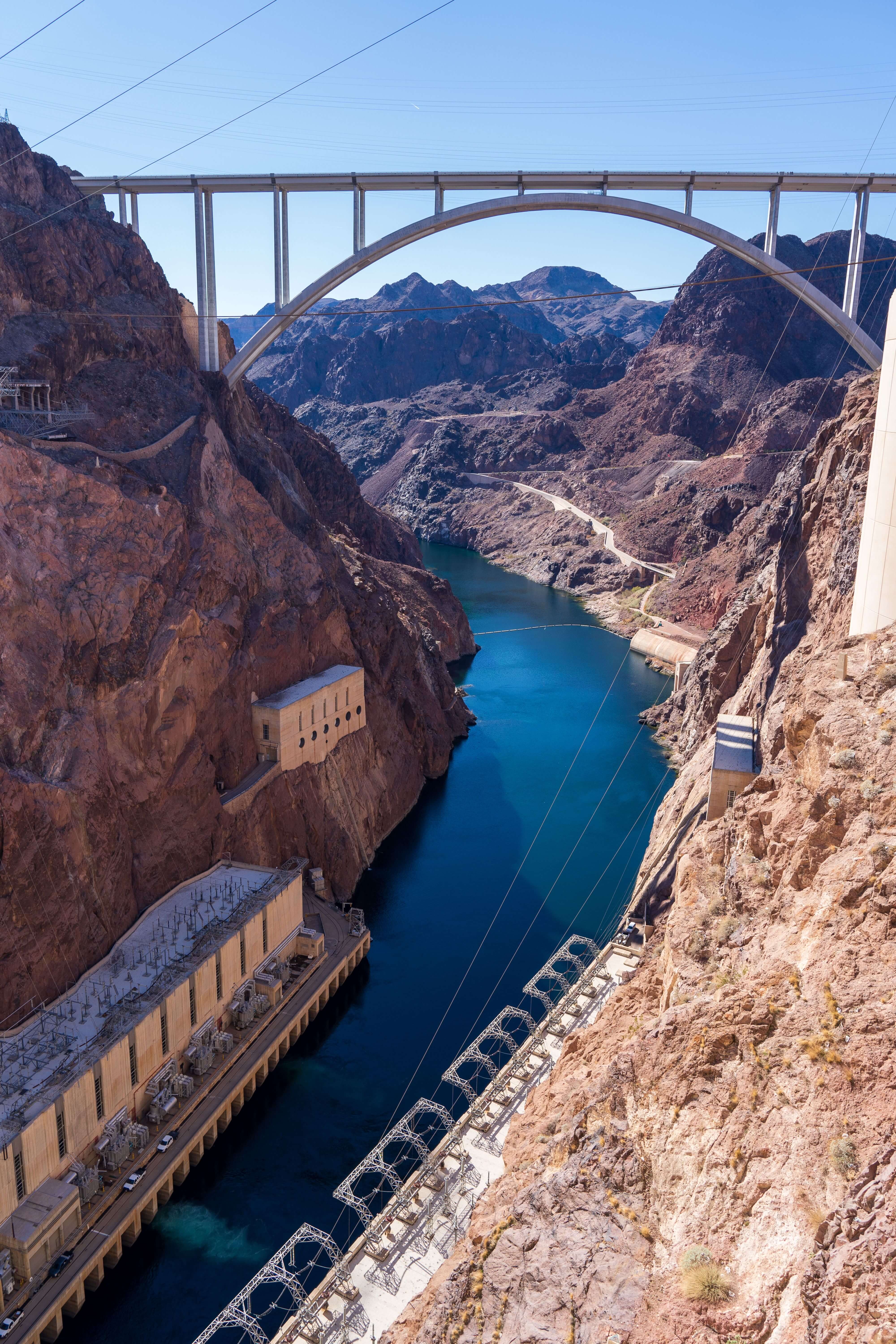 The massive concrete Hoover Dam holding back the Colorado River